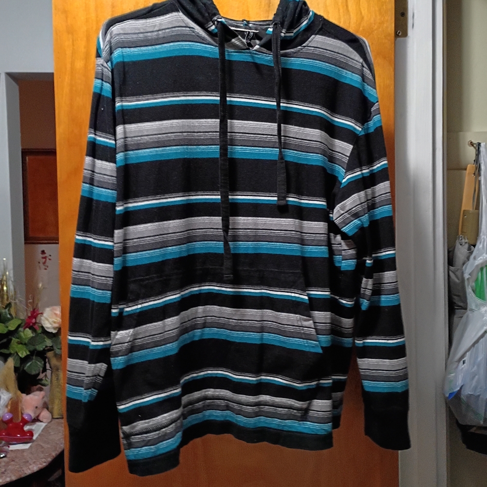 Men's Striped Black, Gray, and Blue Hoodie
